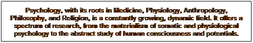 Text Box: Psychology, with its roots in Medicine, Physiology, Anthropology, Philosophy, and Religion, is a constantly growing, dynamic field. It offers a spectrum of research, from the materialism of somatic and physiological psychology to the abstract study of human consciousness and potentials.
